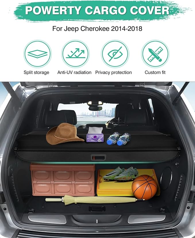 Powerty Cargo Cover for 2014 2015 2016 2017 2018 Jeep Cherokee Accessories Trunk Cover Retractable Trunk Shielding Shade Cargo Luggage Cover No Gap (Not for Grand Cherokee or Latitude)