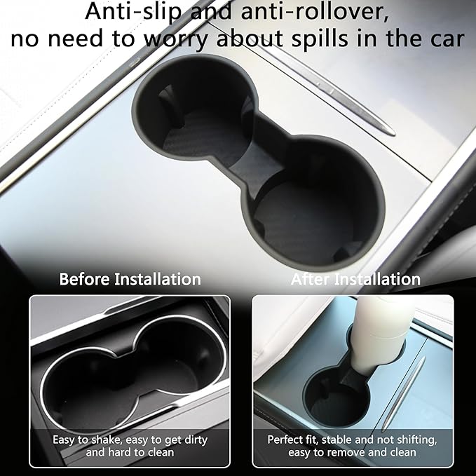 3PCS Center Console Accessories for Tesla Model Y 2021-2024 and Model 3 2021-2023 Cup Holder Insert, Screen Edge Protector Frame, Silicone Wireless Charger Mat, Black