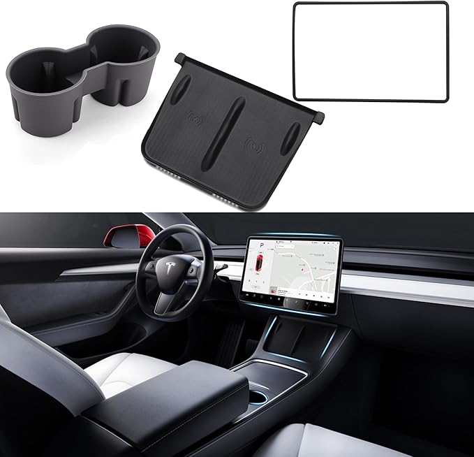 3PCS Center Console Accessories for Tesla Model Y 2021-2024 and Model 3 2021-2023 Cup Holder Insert, Screen Edge Protector Frame, Silicone Wireless Charger Mat, Black