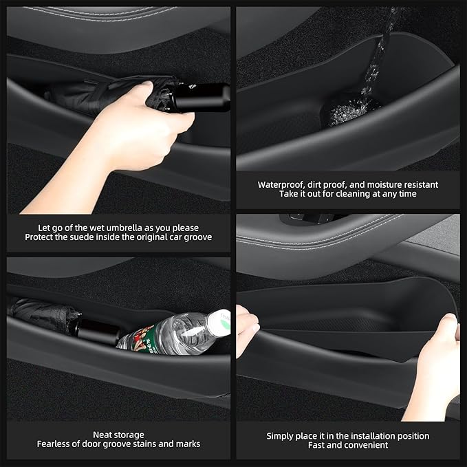 LUCKEASY 4PCS Door Side Storage Organizer for Tesla Model Y Juniper 2025 2026 Front & Rear Door Slot Pocket Box Insert Tray TPE for Model Y Juniper 2026 Accessories Black