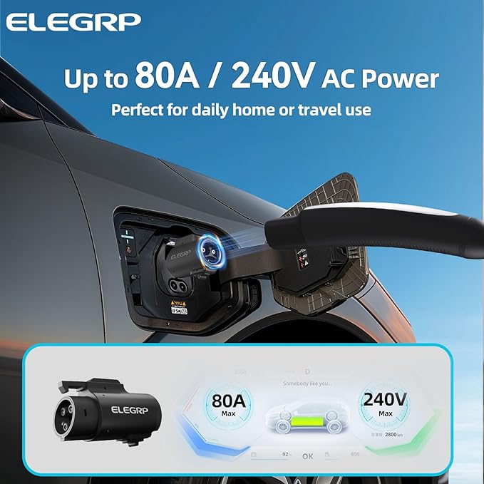 ELEGRP 80A Tesla to J1772 Adapter, NACS to J1772 EV Charger Adapter for Level 2 Charging, Compatible with Tesla High Powered Connector, Destination Charger, Mobile Connector, with Carry Bag