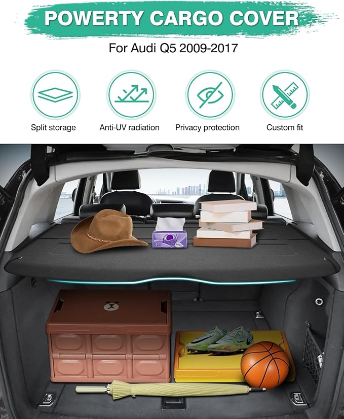 Powerty Cargo Cover for 2009-2016 2017 Audi Q5 Accessories Trunk Cover Retractable Trunk Shielding Shade Cargo Luggage Cover Black (Can Withstand The Load)