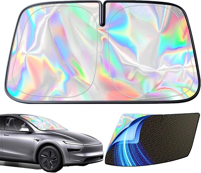Premium Windshield Sun Shade for Tesla Model 3/Y (2016-2025) - 5-Layer Reflective Blocks UV & Heat, Heavy Duty Foldable Sunshade with Metal Frame, Iridescent Color to Keep Interior Cool