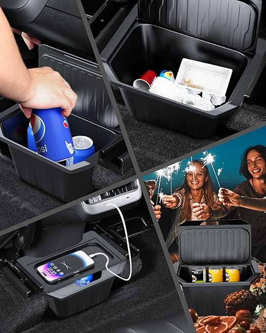 for Tesla Model Y Trash Can, Tesla Y Accessories 2020-2024, Rear Console Organizer Storage Box with Integrated Lid, Under Seat Garbage Can, Back Seat Waste Can