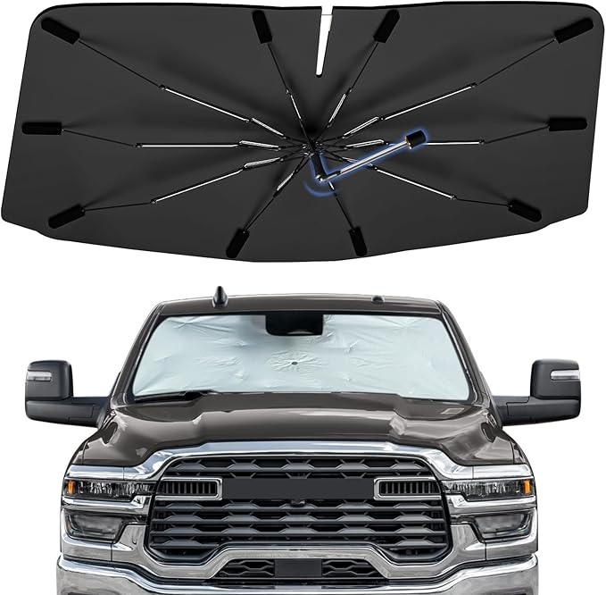 Windshield Sun Shade Umbrella for Dodge RAM 1500/2500 2013-2026, Foldable Sunshade for Car Front Window, 360 Rotation Automotive Interior UV Protection for Outdoor Parking, Keep Car Cool