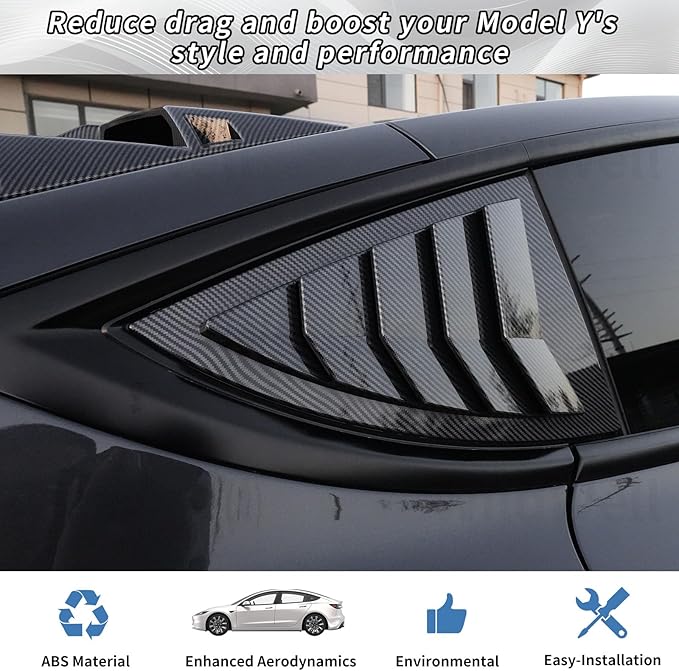 WildWell Rear Side Window Louver Cover for 2020-2026 Tesla Model Y & Model Y Juniper, Side Window Louver Air Vent Scoop Sunshade Covers Exterior Accessories Carbon Fiber Painted