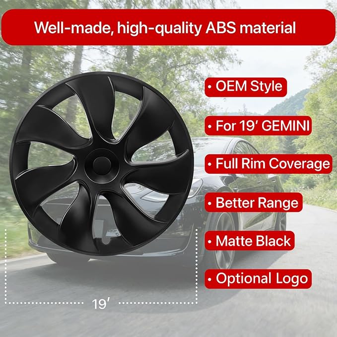 KAVANIC 4Pcs Wheel Cover Fits for Tesla Model Y 19Inch 2020-2024 ABS Matte Black Blade Style Hubcaps Fits for Tesla Model Y 19" Gemini Wheel Long Range Support Logo Symmetry Design (RWD/AWD)