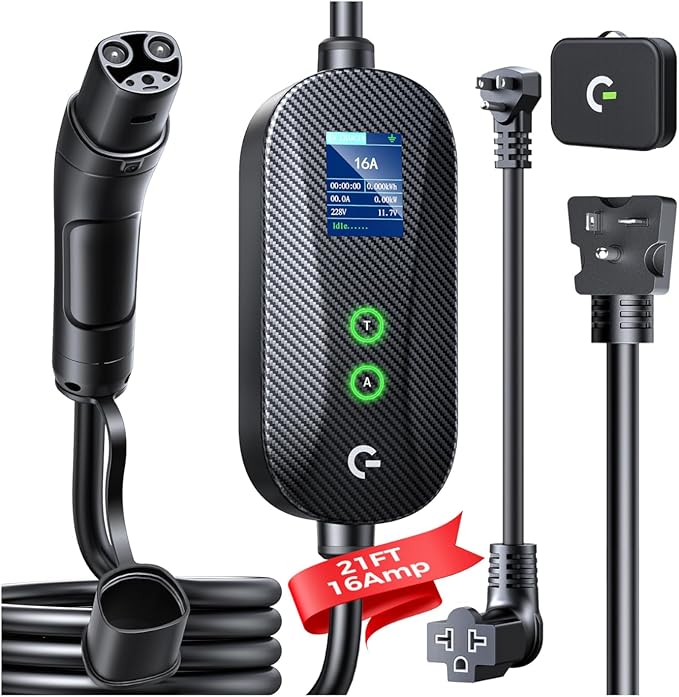 Level 1&2 Tesla Mobile Charger, (16A/12A, 240V-110V, 21FT Cable), Adjustable Current/Timer Tesla Home Charger, NEMA 6-20 & 5-15 Plug, NACS Connector for All Tesla Model 3/Y/X/S/Cybertruck