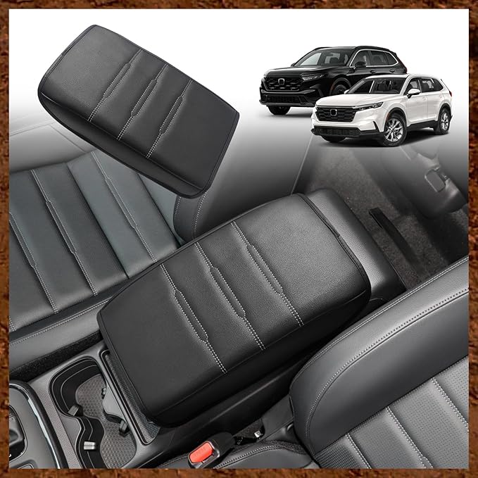 Muslogy Center Console Armrest Cover Fit for Honda CR-V & CRV Hybrid 2023-2025 2026 Accessories, Comfort Armrest Pad Console Lid Cushion Vegan Leather Regular Thick(Black/White Trim)