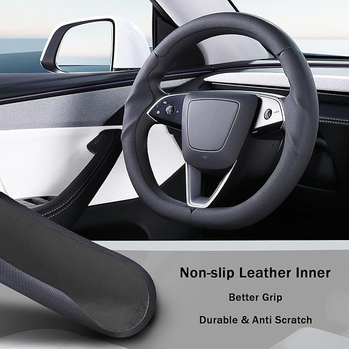 Steering Wheel Cover for Tesla Model 3 2024-Present Highland/Tesla Model Y Juniper 2025-Present, Leather Steering Wheel Cover for Tesla Model 3 Highland/Y Juniper Accessories, Black