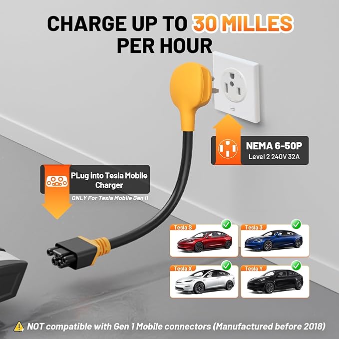 MECMO NEMA 6-50 Adapter for Tesla Gen 2 Mobile Charger, 32 Amp 240V, NEMA 6-50P to Tesla Gen II Mobile Connector Adaptor for Tesla Model 3/Y/S/X Level 2 Charging at 3 Prong Welder Outlet