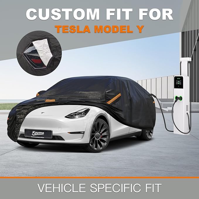 Kayme 7 Layers Car Cover Custom Fit for Tesla Model Y, Waterproof All Weather for Automobiles, Outdoor Full Car Cover Sun Rain UV Snow Protection.with Zipper and Charging Port. Black
