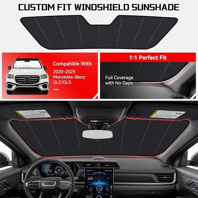 Windshield Sun Shade Custom Fit for MERC-edes Be-nz GLE/GLS 2020-2025, Accordion Folding Thick Window Sunshade Block Heat 99% UV Rays Sun Visor Keep Cooler Car Accessories