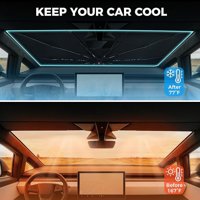 2026 Upgrade Windshield Sunshade Umbrella for Tesla Cybertruck, Thickened Titanium Silver, Protect Car from Sun Rays & Heat Damage Keep Cool, Protect Interior 54''x 60''x 61''