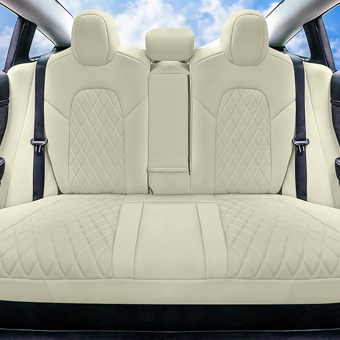 FH Group Custom Fit Car Seat Covers Specifically Made for 2017–2023 Tesla Model 3 Rear Set Solid Beige Ultraflex Neoprene Car Seat Covers, Waterproof Automotive Seat Covers, Tesla Accessories
