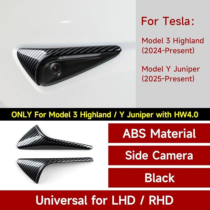 for Tesla Model 3 Highland 2024 2025 2026 Model Y Juniper 2025 2026 Accessories Exterior Car Fender Side Camera Trim Carbon Style ABS Decal Cover Sticker - ONLY for HW4.0