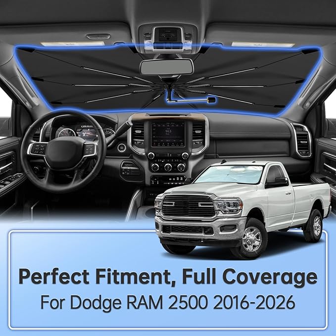 Windshield Sun Shade Umbrella for Dodge RAM 2500 2016-2026, Foldable Sunshade for Car Front Window, 360 Rotation Automotive Interior UV Protection for Outdoor Parking