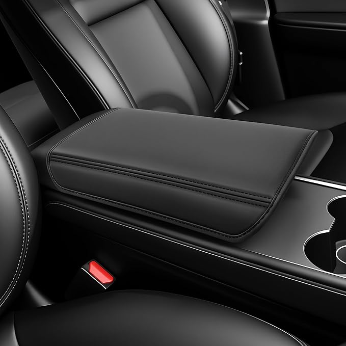 for Tesla Model Y (2020-2024) & Model 3(2021-2023) Leather Center Console Cover [Soft Touch & Match Seat Color] Armrest Cover for Tesla Model 3 & Model Y Accessories Black