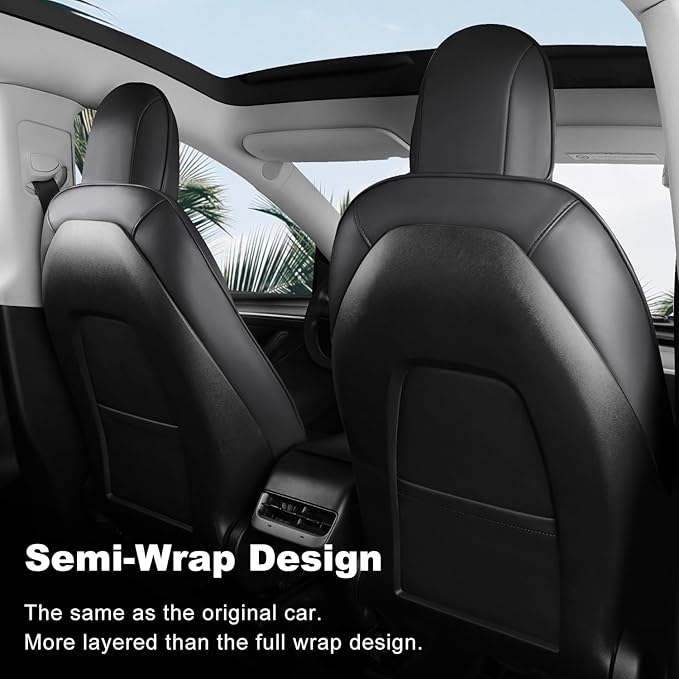 Tesla Model 3 Car Seat Covers Nappa Leather Car Interior Seat Airbag Compatible Cushion Cover Full Set Custom Fit 2023 2022 2021 2020 2019 2018, Nappa Black