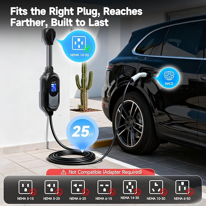 Tesla Charger,Level 2 EV Charger for Tesla 40Amp 240V with NEMA 14-50 Plug, Adjustable Current & Timer,25Ft Tesla Charging CableMobile Connector for Tesla Model Y/3/X/S/Cybertruck