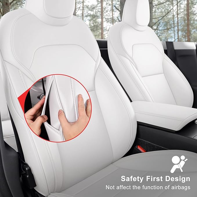 Front Seat Covers for 2025–2026 Tesla Model Y Juniper, Nappa Leather Custom Fit Front Row 2-Piece Set, Airbag Compatible Car Interior Seat Cushion Covers, White, 2-Pack