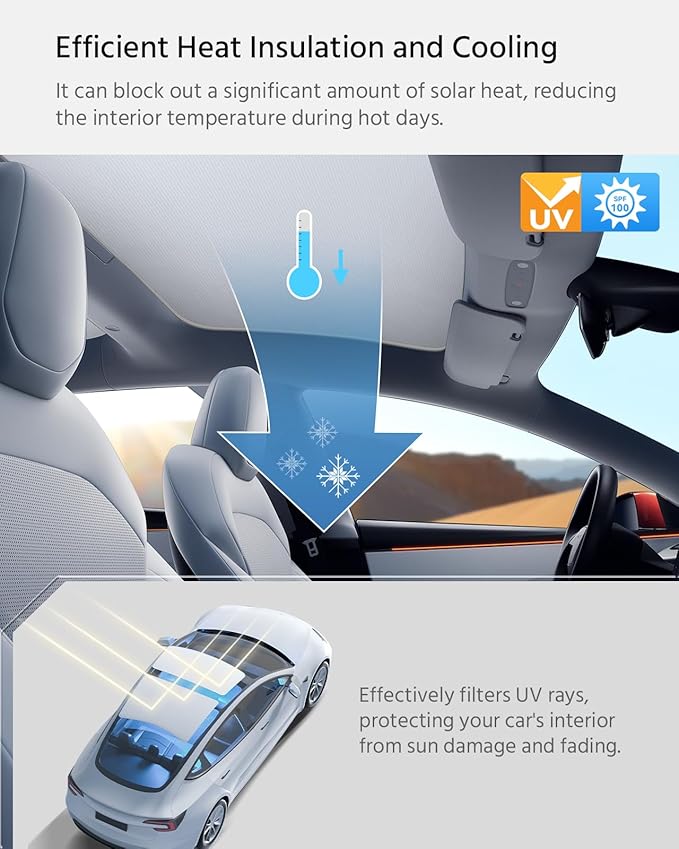 Farmogo Sunshade Roof for Tesla Model 3 Highland Accessories 2024-2026 [UPF 50+ &No-Gaps & No Sagging] Thermal Insulation Ice-Crystal Roof Shade for Tesla Model 3 Accessories (2 of Set) (Gray)