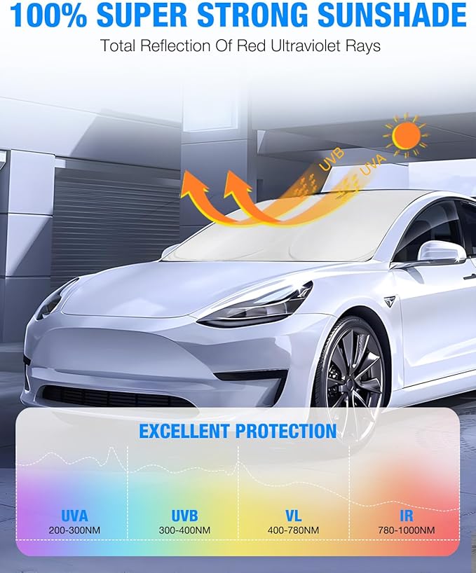 NEVERLAND Windshield Sun Shade - Custom Fit for Tesla Model 3 2017-2023, 210D Oxford Heat Shield Front Window Sunshade Visor, Block 99% UV for Screen Protection & Battery Saver Accessories