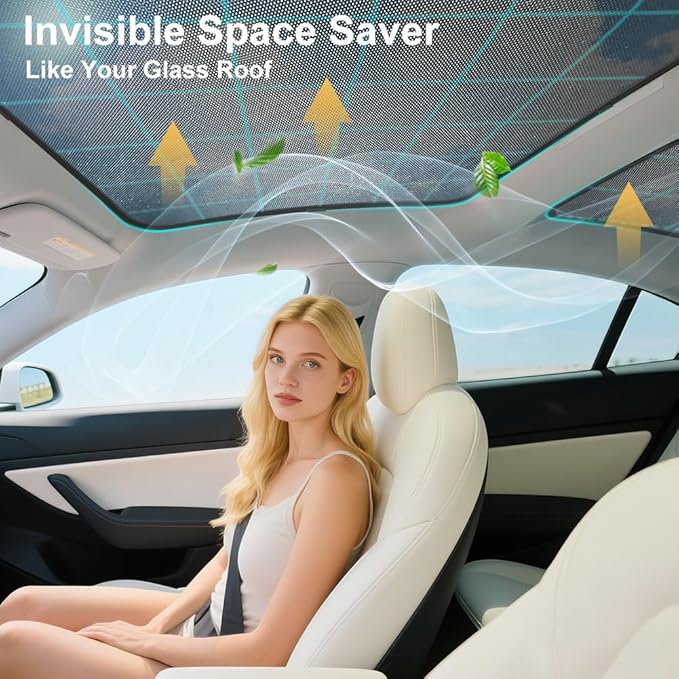 2-in-1 Foldable Sunshade Roof for Tesla Model 3 Juniper/Launch, Lightweight Mesh Glass Roof Sun Shade, UV Heat Insulation Front & Rear Sunroof Windshield Cover