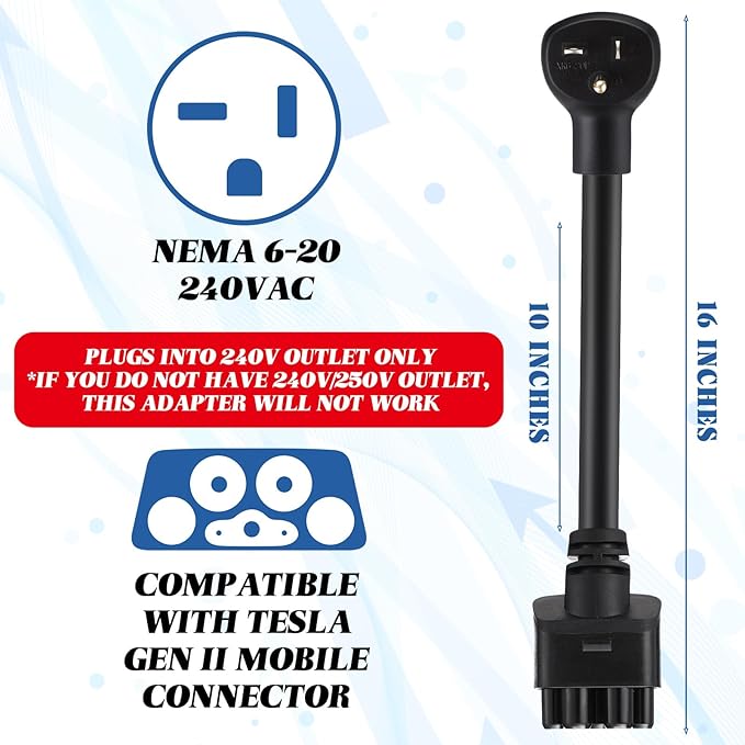 Relaxweex 16" Adapter Compatible with Tesla Gen 2 Mobile Portable Charger Connect Mobile Charger to Handle(not Compatible with Pre-2018 Model S/x Vehicles)(6-20p)