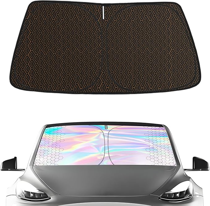 Iridescent Windshield Sun Shade Custom Fit Tesla Model 3/Y, Upgrade 5 Layers 480T Laser Titanium Silver Window Car Sunshade, Mirror Cut-Out, Rhombus Lattice Shades for Front Window, Block UV Rays Heat
