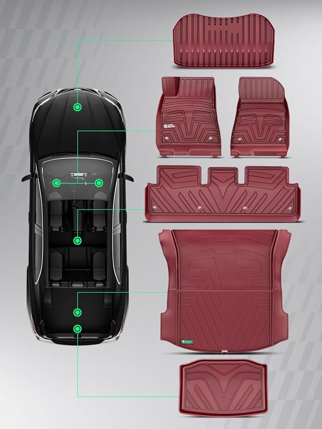 YHTAUTO Floor Mats & Cargo Mat Compatible with Tesla Model 3 2021-2023, All Weather TPE Front Rear Cargo Liner, Rear Storage Mats, Model 3 Accessories, Set of 6 Red