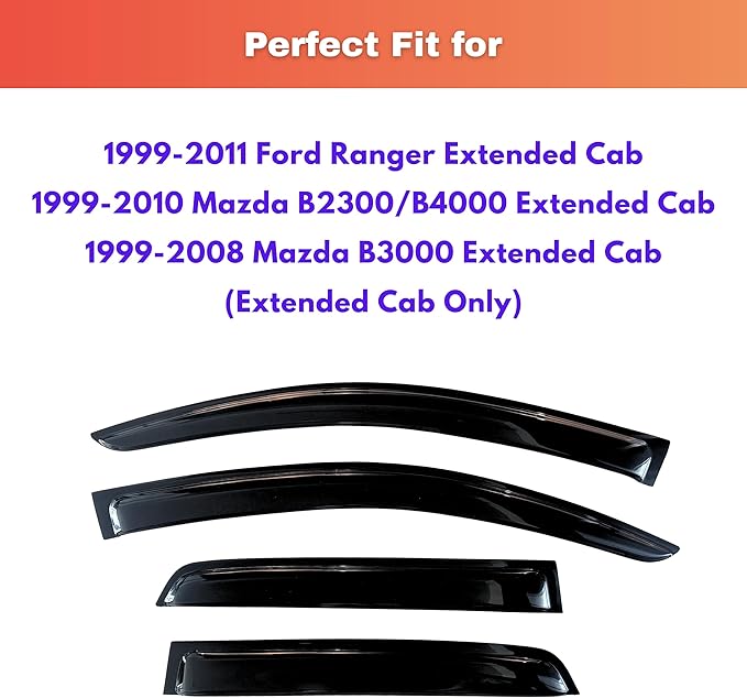 KPY Rain Guards Fit for 1999-2011 Ford Ranger Extended Cab, Out-Channel Window Visors Vent Deflectors 4PC, Truck Accessories for 1999-2010 Mazda B2300/B4000, 1999-2008 Mazda B3000 (Extended Cab Only)