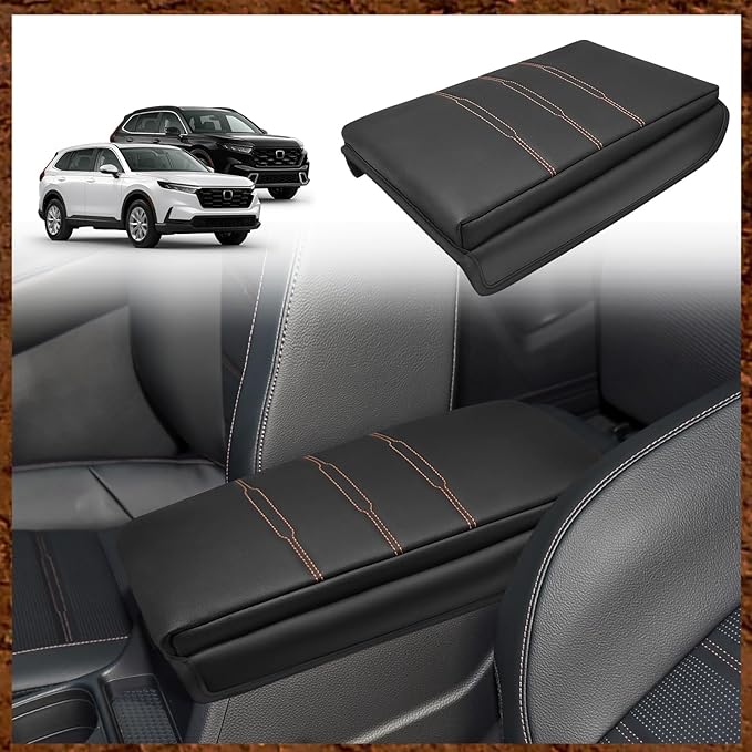 Muslogy Center Console Armrest Cover Fit for Honda CR-V 2023+ & CRV Hybrid Accessories, Comfort Armrest Pad Console Lid Cushion Vegan Leather 1-Inch Extra Thick (Black/Organge Trim)