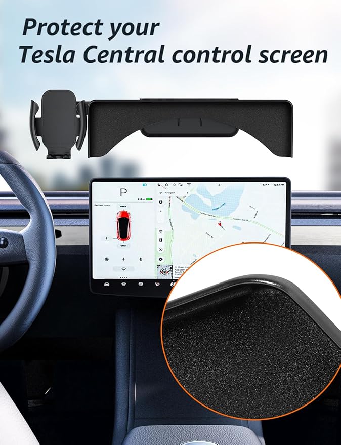 Premium Tesla Phone Mount & Holder for Model Y (2019-2024) & Model 3 (2018-2023),Snap-On Screen Clip with Scratch-Free Felt Base, Solid Alloy Arm