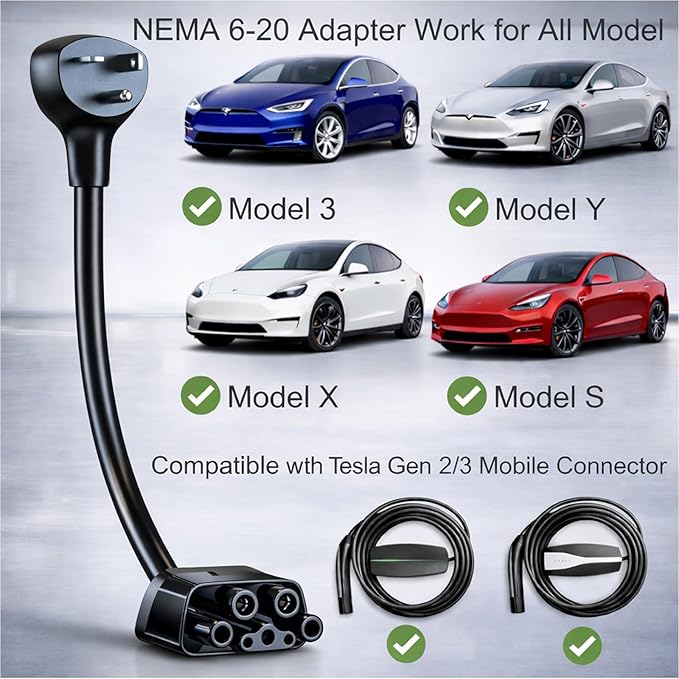 for Tesla NEMA 6-20 Adapter, Tesla Mobile Charger Adapter for Gen 2 and 3 ONLY, 240V Plug & 6-20 Outlet at 16 Amp 10-Inch