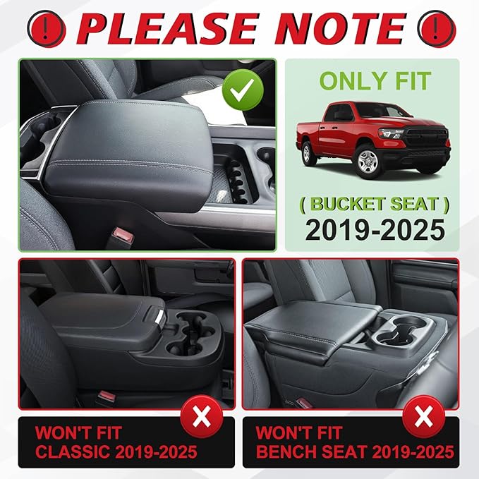 Muslogy Center Console Armrest Cover Fit for Dodge Ram1500 2500 3500 2019-2026 Accessories, Comfort Armrest Pad Console Lid Cushion Vegan Leather 1-Inch Thick(Bucket Seat ONLY, NO Limited,Laramie)