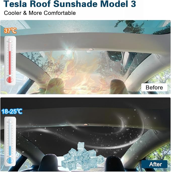 [2024 Upgrade] Sunshade Roof for Tesla Model 3 2024, Colorful Ice Crystal Glass Roof Sunshade, No-Sag Design, Retractable, Heat Insulation, Snap Foldable (Black)