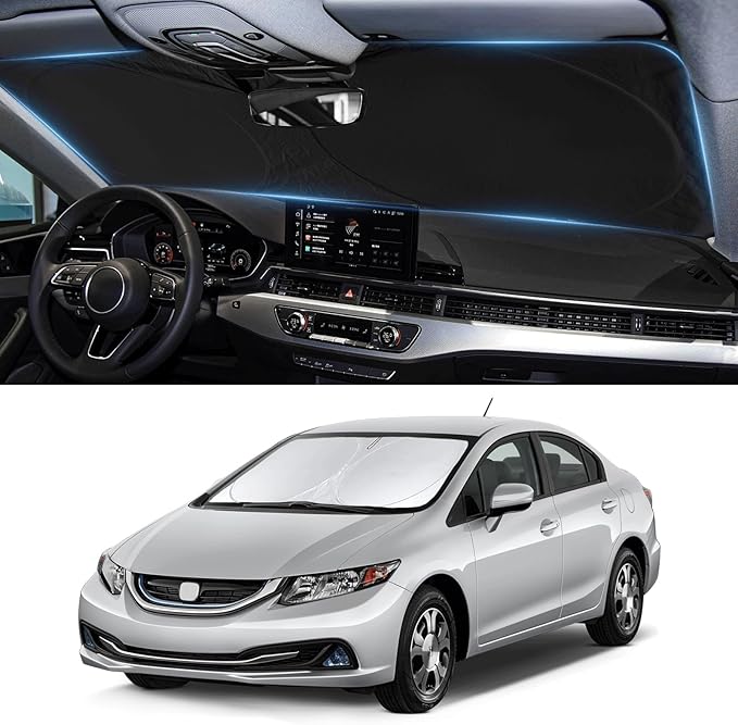 Custom Fit Civic Windshield Sunshade for 2012 2013 2014 2015 Honda Civic Accessories Front Window Shades Cover for Windshield Sun Visor Screen Protector 210T Reflective Blocks UV Rays Heat Keep Cool