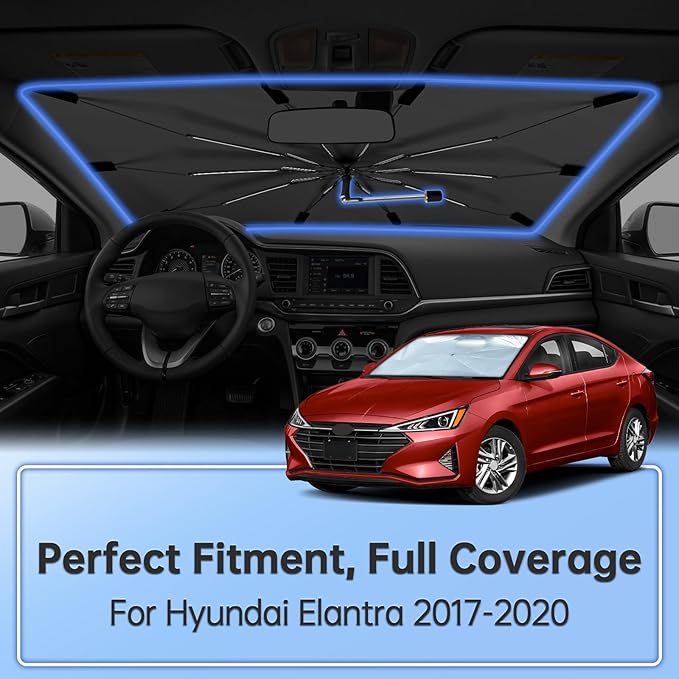 Windshield Sun Shade Umbrella for Hyundai Elantra 2017-2020, Foldable Car Sunshade for Front Window, Highly Reflective Auto Sun Shield Visor for UV Protection, Keep Car Cool Accessories