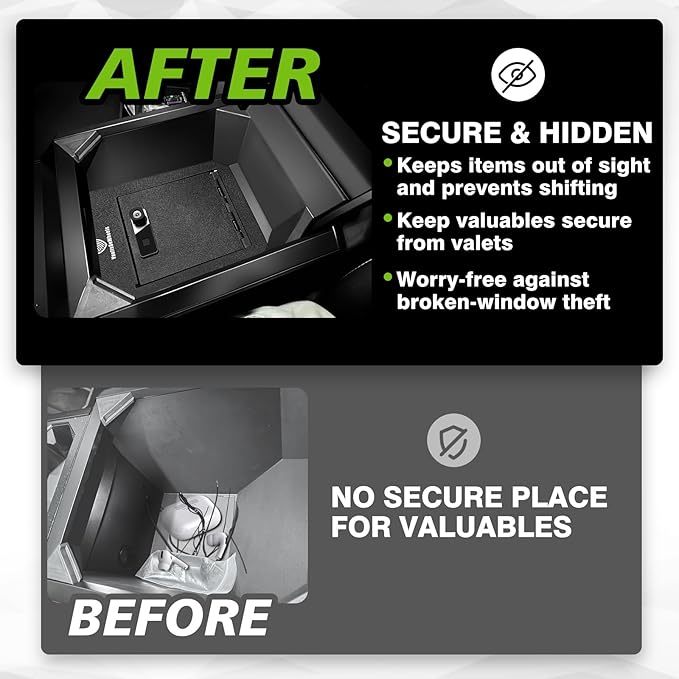 VaultsOnWheels for 2025 2024 Tesla Cybertruck Center Console Safe Gun Safe Vault Hidden Console Storage LockBox Anti-Theft Pry-Proof High Security Biometric Fingerprint Lock