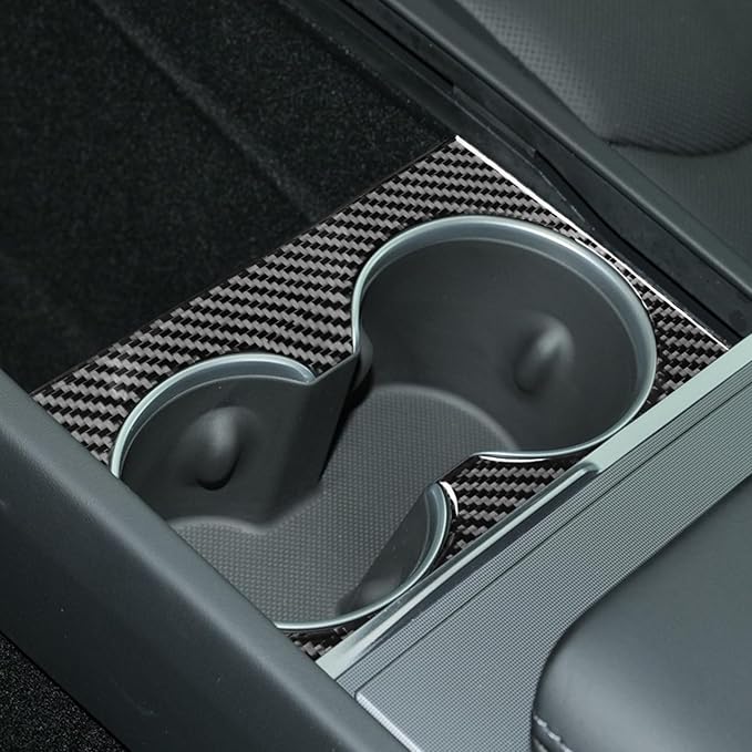 Center Console Water Cup Holder Panel Cover Carbon Fiber Sticker Car Interior Trim Compatible with Tesla Model 3 Accessories 2024 2025 Central Control Panel Frame Decorative Sticker