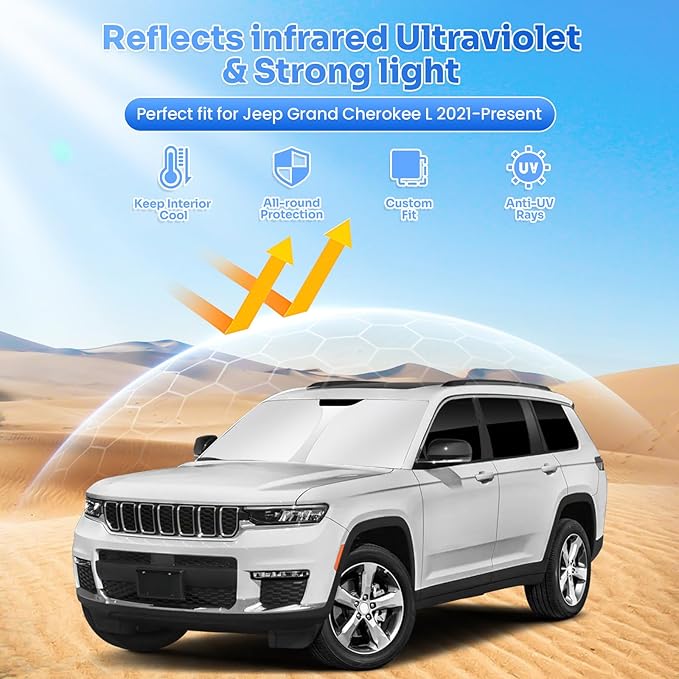Window Shades for 2021-2025 2026 Jeep Grand Cherokee L Accessories Windshield Sun Shade Side Rear Window Cover Sunshade Sun Visor Shield Privacy Protection for Camping Keep Car Cool Black 8PCS