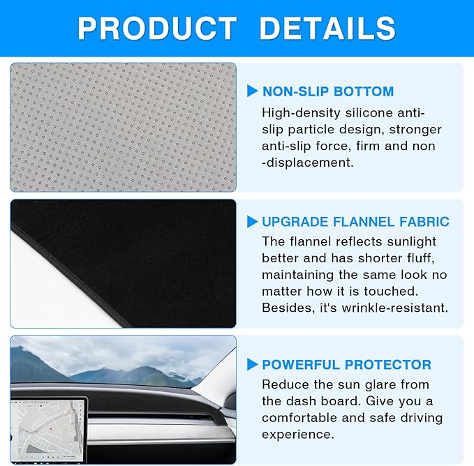 Autorder Dashboard Cover Mat for Tesla Model 3 Highland 2024 2025 2026 Accessories Dash Cover Upgrade Flannel Dash Mat Sunshade Glare UV Rays Protector