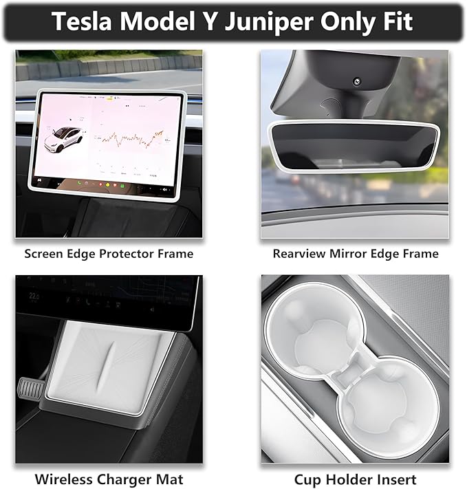 4PCS Center Console Wireless Charger Mat Silicone for 2025 Tesla New Model Y Juniper Cup Holder Insert, Screen Edge Protector Frame, Rear View Mirror Cover Decoration Accessories(White)