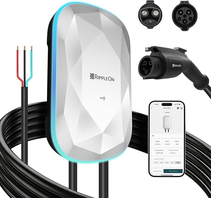 RIPPLEON Level 2 EV Charger - Dual Plug Type Universal Wall Connector Hardwired - Compatible for All North American EVs - 48Amps 240V Tesla Wall Charger, UL, FCC, Energy Star Certified Grey