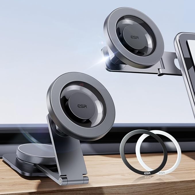 ESR for MagSafe Car Mount, Car Phone Holder, Tesla Touchscreen Car Mount, Magnetic Phone Holder for Car, for iPhone 17e/Air/17-12, S26/S25, Pixel 10, Charging Not Supported(2 Metal Rings Included)