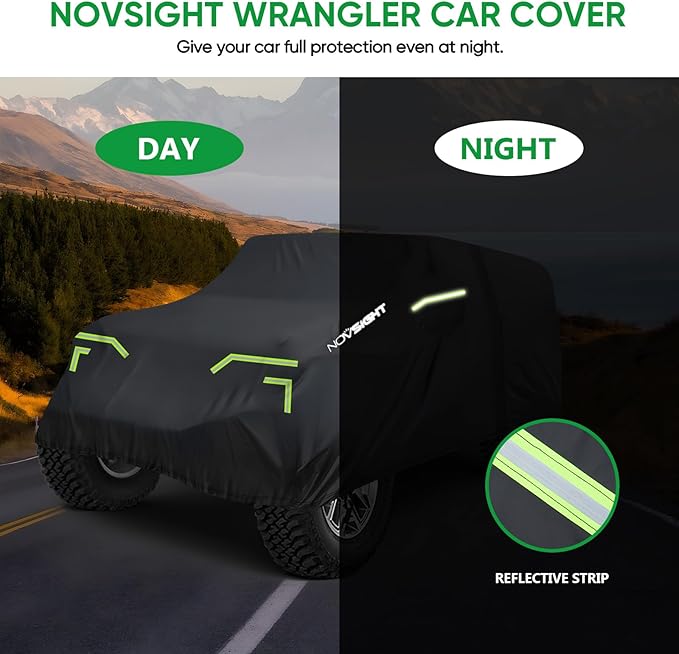 NOVSIGHT Car Cover for Jeep Wrangler 4 Door - Waterproof All Weather Outdoor Cover (2007–2025 JKU JL), Windproof with Straps, 210D Oxford Fabric, Reflective Strips