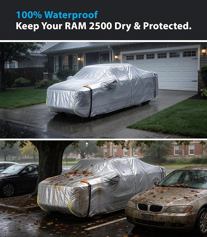 Wigoo Dodge Ram 2500 3500 Truck Car Cover Accessories, Custom Fit Waterproof All Weather Outdoor Pickup Cover, Windproof UV Rain Snow Dust Protection, Door Zipper, Reflective Strips, Breathable Design