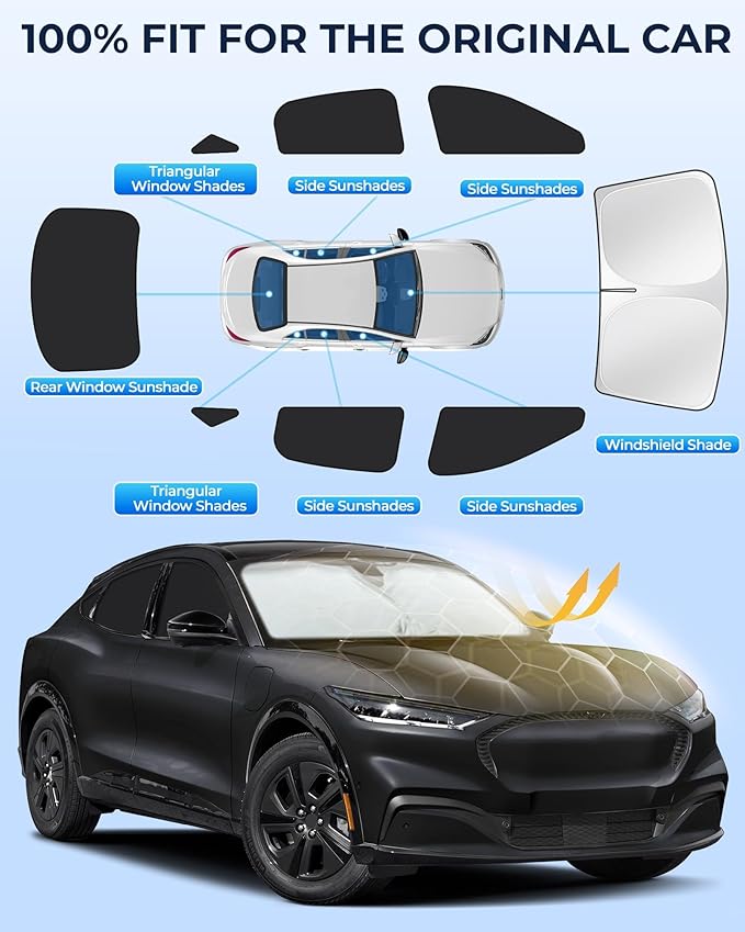 for Ford Mustang Mach-E 2021-2025 Car Window Shades, 8pcs Privacy Sun Shade Set for Front Windshield Side and Rear Windows, Full Window Covers Keeps Vehicle Cool for Camping Napping