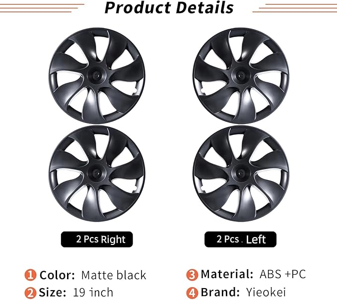 Tesla Model Y Wheel Covers 19 Inch 2020-2024 Uberturbine Tesla Model Y Uberturbine Hubcaps Left-Right Aero Symmetry, Matte Black, Wind Drag Reduction Model Y Accessories with Tire Repair Kit (4 Pack)